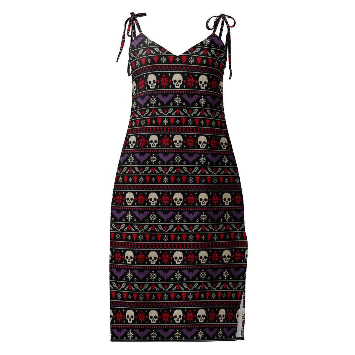 Merry Skull-Mas horror Christmas slip dress featuring faux-knit skulls, bats, snowflakes and festive red, purple and white patterns on chiffon.