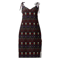 Merry Skull-Mas horror Christmas slip dress featuring faux-knit skulls, bats, snowflakes and festive red, purple and white patterns on chiffon.
