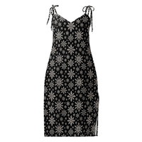 Dead of Winter gothic Christmas slip dress featuring black and ivory faux-knit snowflakes on a flowing chiffon silhouette.