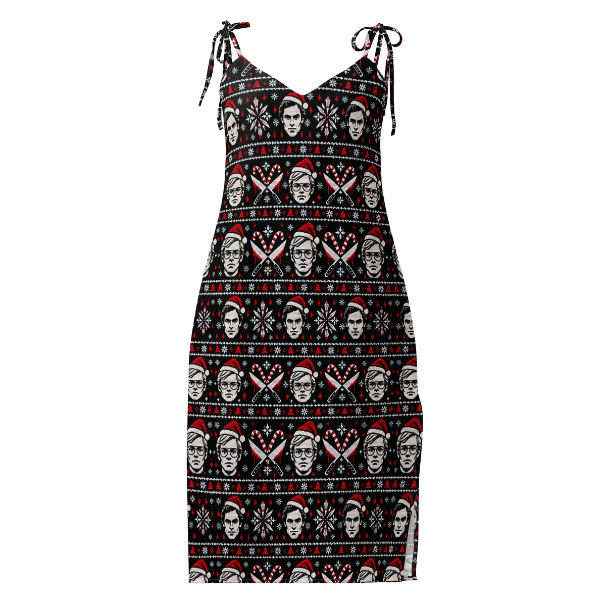 Slay Bells serial killer horror Christmas slip dress featuring sinister portrait motifs, crossed knives, candy canes and red faux-knit holiday details.
