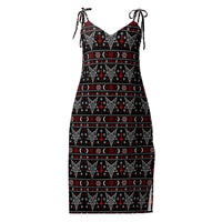 Hail Santa satanic Christmas slip dress featuring Baphomet, inverted crosses, pentagrams, crescent moons and red and white faux-knit holiday motifs.