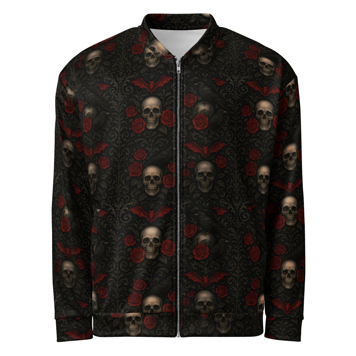 Crimson Mourning bomber jacket featuring an all-over dark floral pattern inspired by Victorian mourning traditions, crimson roses, and forgotten cemeteries.