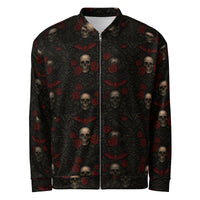 Crimson Mourning bomber jacket featuring an all-over dark floral pattern inspired by Victorian mourning traditions, crimson roses, and forgotten cemeteries.