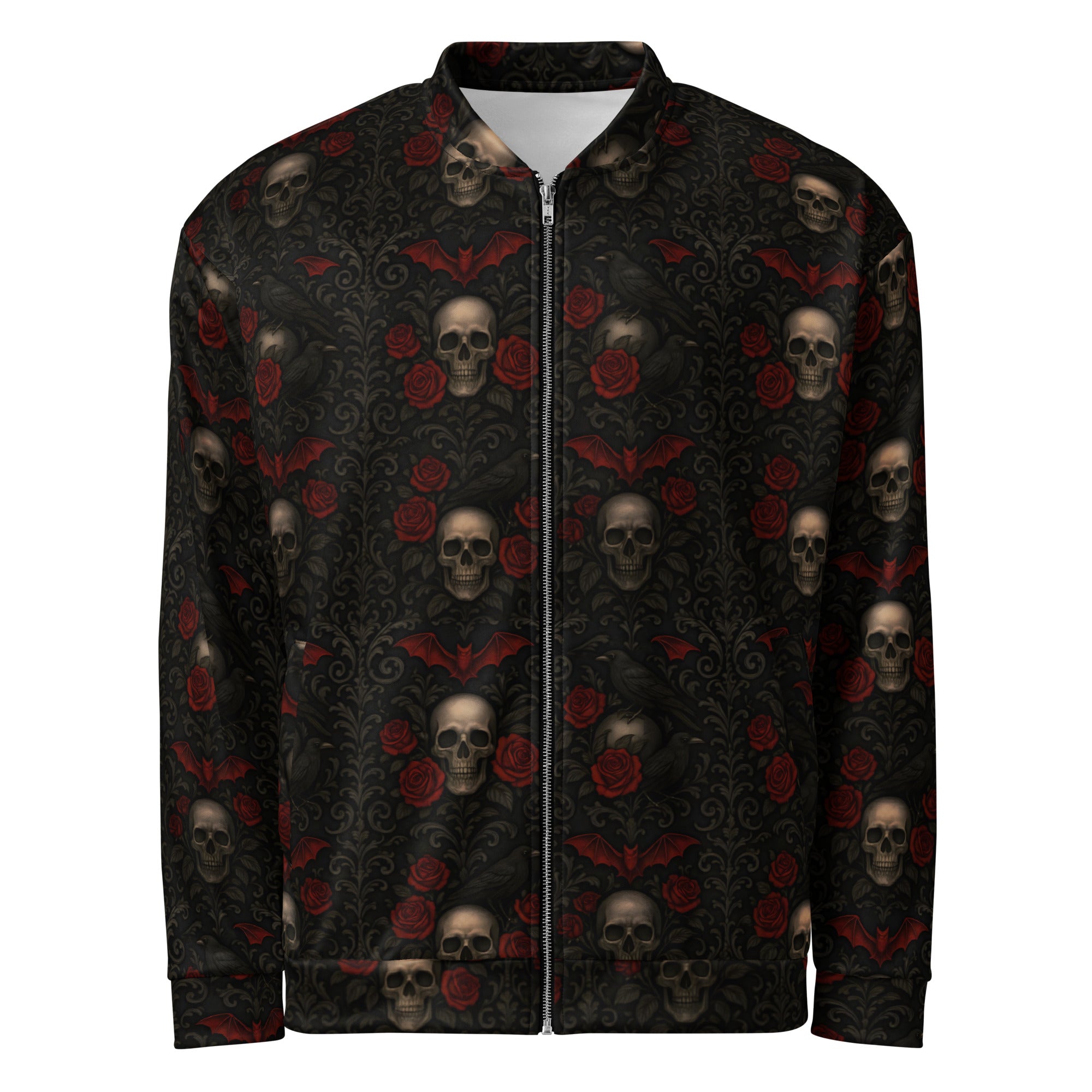 Crimson Mourning bomber jacket featuring an all-over dark floral pattern inspired by Victorian mourning traditions, crimson roses, and forgotten cemeteries.