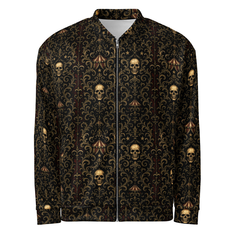 Midway of Death bomber jacket featuring an all-over haunted carnival pattern inspired by abandoned fairs, vintage sideshows, and classic horror.