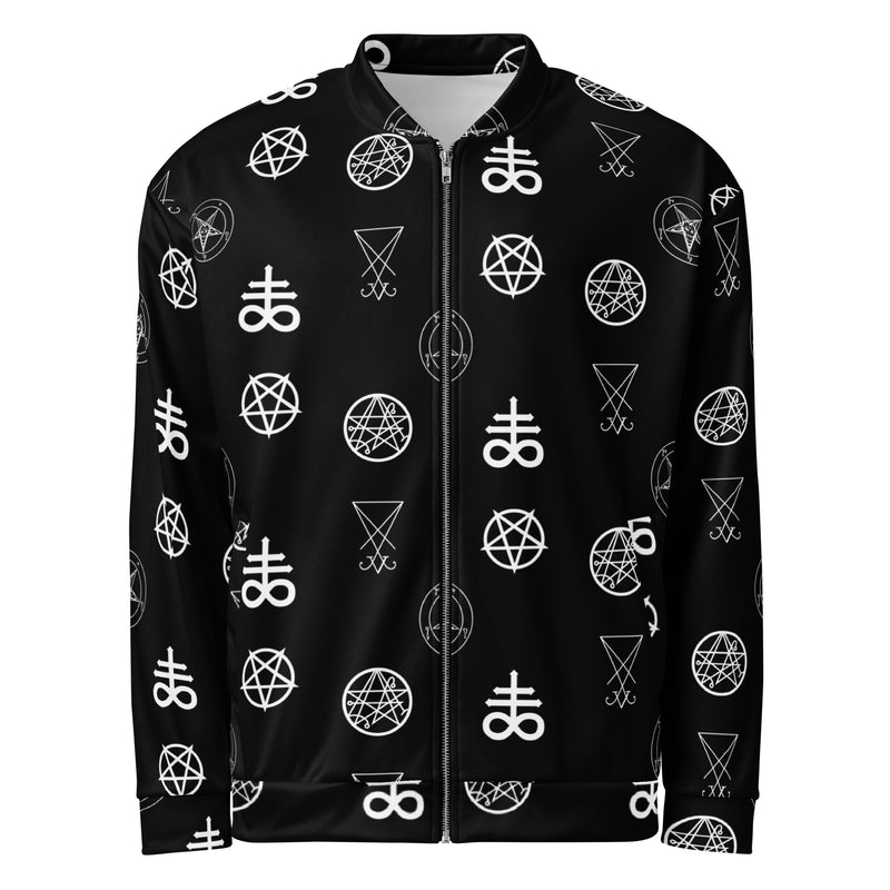 Infernal Sigils bomber jacket featuring an all-over occult symbol pattern inspired by ceremonial magic, ancient grimoires, and demonology.