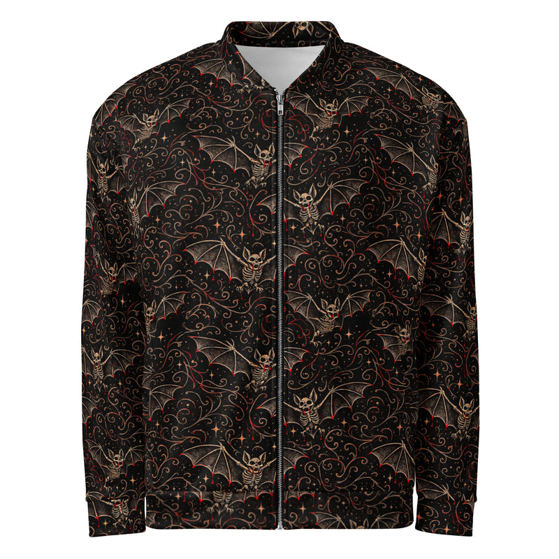 Nocturnal Requiem bomber jacket featuring an all-over vampire bat pattern inspired by moonlit forests, vampire folklore, and classic horror.