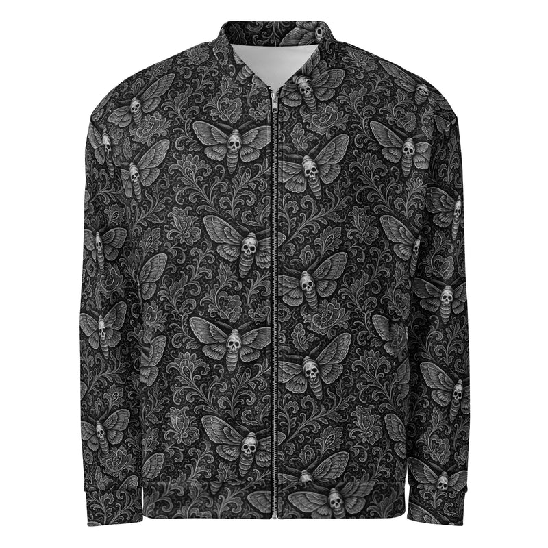 White Soul's Messenger bomber jacket featuring an all-over death moth pattern inspired by memento mori symbolism and classic horror.