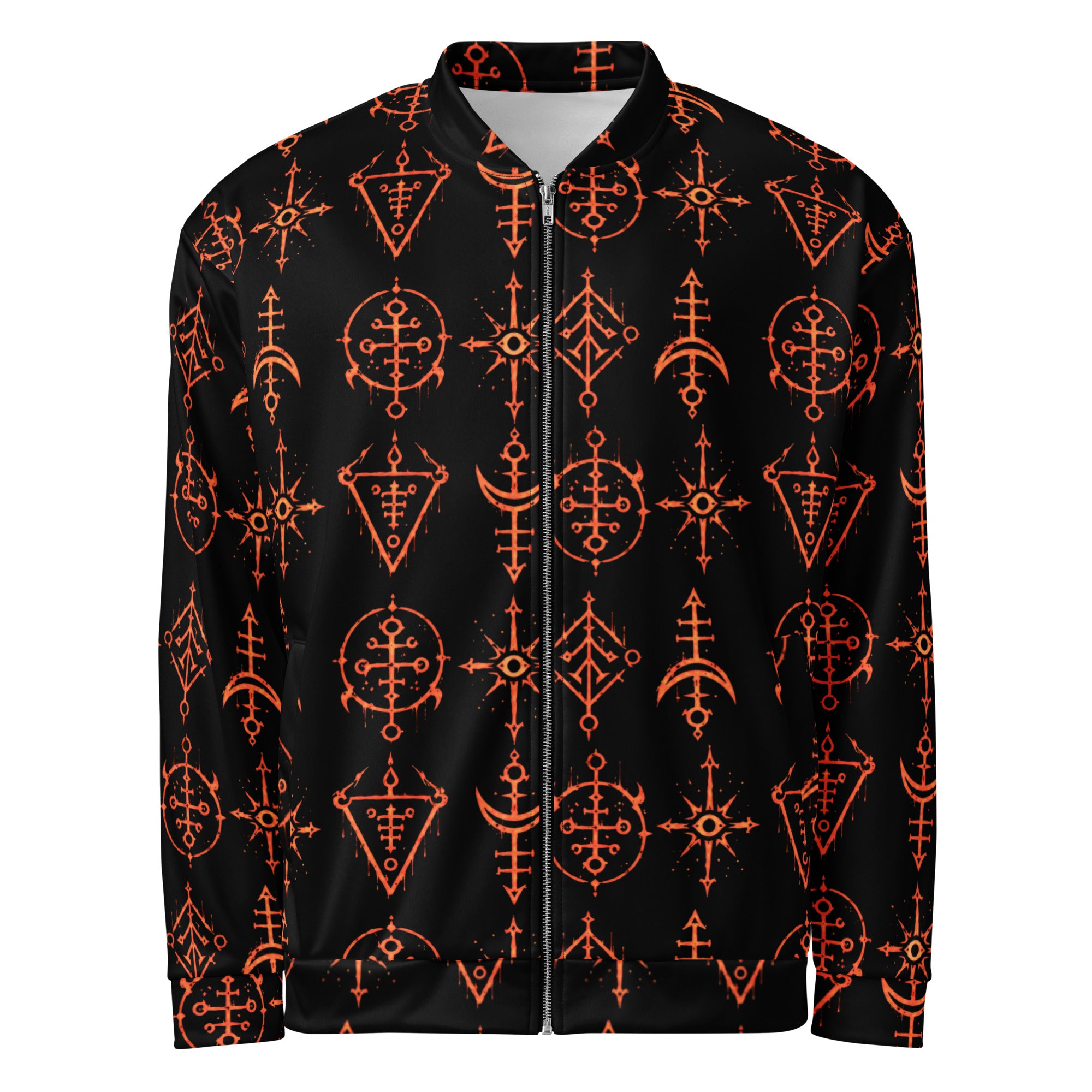 Infernal Invocation bomber jacket featuring an all-over occult ritual pattern inspired by ceremonial magic, forbidden grimoires, and supernatural horror.