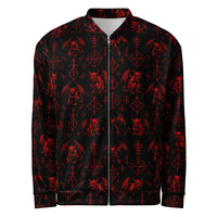 Red Fifth Circle bomber jacket featuring an all-over infernal demon pattern inspired by occult folklore and classic horror.