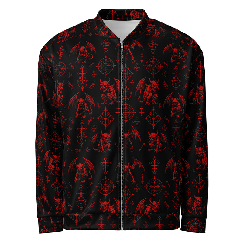 Red Fifth Circle bomber jacket featuring an all-over infernal demon pattern inspired by occult folklore and classic horror.