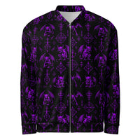 Purple Fifth Circle bomber jacket featuring an all-over infernal demon pattern inspired by occult folklore and classic horror.