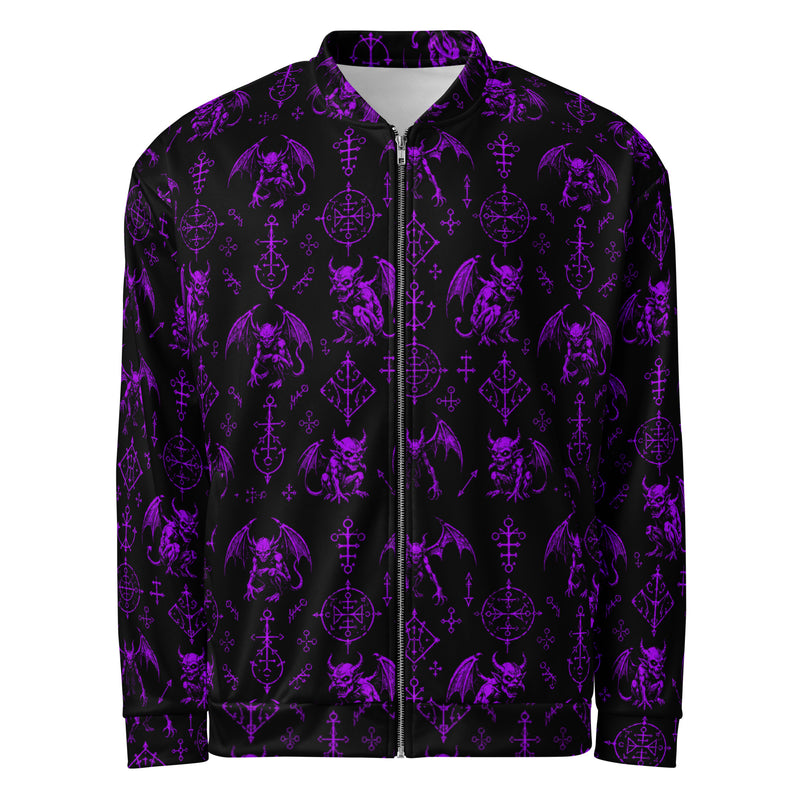 Purple Fifth Circle bomber jacket featuring an all-over infernal demon pattern inspired by occult folklore and classic horror.