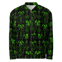 Green Fifth Circle bomber jacket featuring an all-over infernal demon pattern inspired by occult folklore and classic horror.