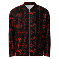 Red Sixth Circle bomber jacket featuring an all-over infernal demon pattern inspired by occult mythology and supernatural horror.