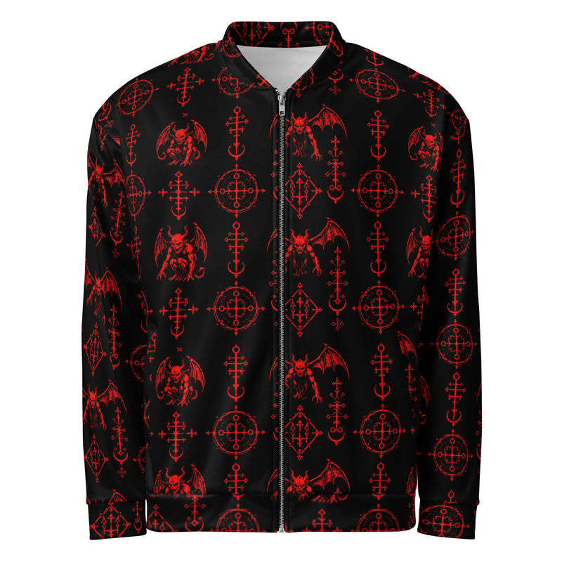 Red Sixth Circle bomber jacket featuring an all-over infernal demon pattern inspired by occult mythology and supernatural horror.