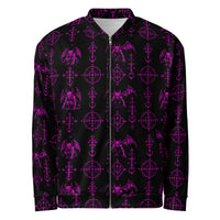 Pink Sixth Circle bomber jacket featuring an all-over infernal demon pattern inspired by occult mythology and supernatural horror.