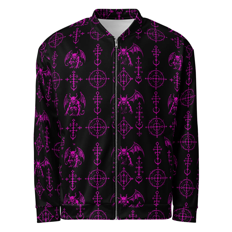 Pink Sixth Circle bomber jacket featuring an all-over infernal demon pattern inspired by occult mythology and supernatural horror.