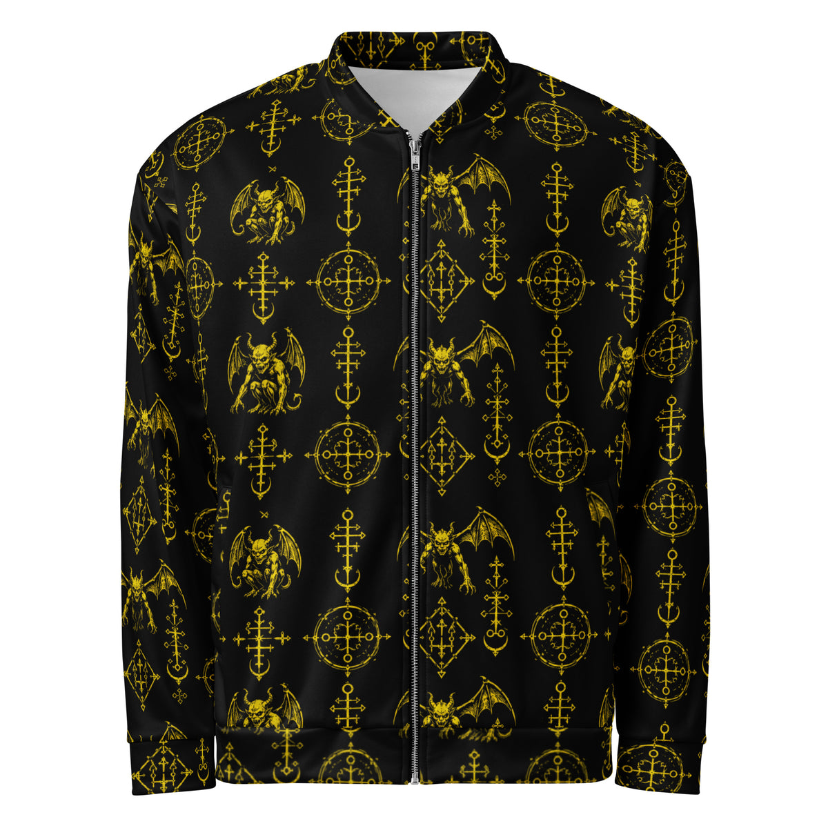 Yellow Sixth Circle bomber jacket featuring an all-over infernal demon pattern inspired by occult mythology and supernatural horror.