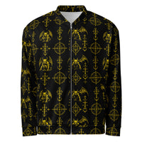 Yellow Sixth Circle bomber jacket featuring an all-over infernal demon pattern inspired by occult mythology and supernatural horror.