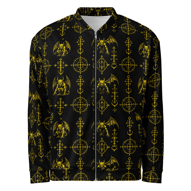 Yellow Sixth Circle bomber jacket featuring an all-over infernal demon pattern inspired by occult mythology and supernatural horror.