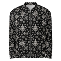 Dead of Winter gothic Christmas bomber jacket featuring black and ivory faux-knit snowflakes in a dark ugly sweater-inspired all-over pattern.