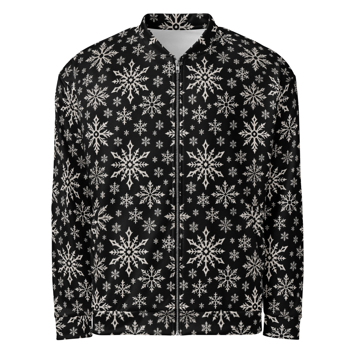 Dead of Winter gothic Christmas bomber jacket featuring black and ivory faux-knit snowflakes in a dark ugly sweater-inspired all-over pattern.