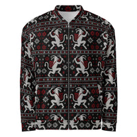 Krampusnacht horror Christmas bomber jacket featuring white Krampus figures, red snowflakes and a black faux-knit ugly sweater-inspired pattern.