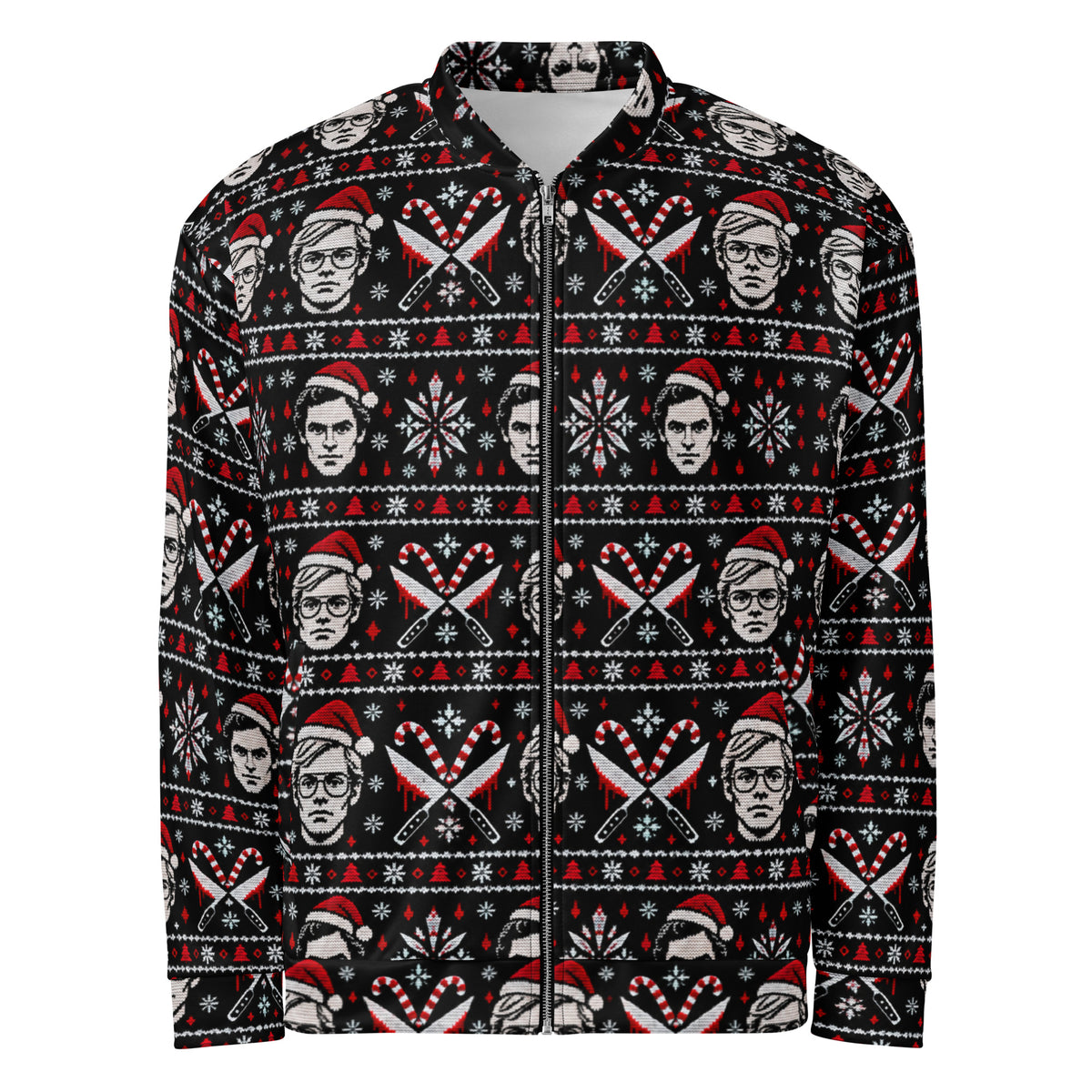 Slay Bells serial killer horror Christmas bomber jacket featuring sinister portrait motifs, crossed knives, candy canes, snowflakes and red faux-knit holiday details.