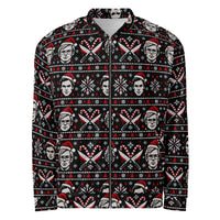 Slay Bells serial killer horror Christmas bomber jacket featuring sinister portrait motifs, crossed knives, candy canes, snowflakes and red faux-knit holiday details.