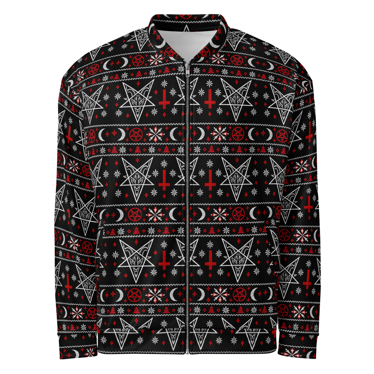 Hail Santa satanic Christmas bomber jacket featuring Baphomet, inverted crosses, pentagrams, crescent moons and red and white faux-knit holiday motifs.