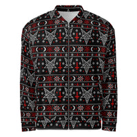 Hail Santa satanic Christmas bomber jacket featuring Baphomet, inverted crosses, pentagrams, crescent moons and red and white faux-knit holiday motifs.