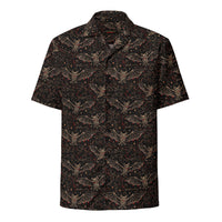 Nocturnal Requiem button-up shirt featuring an all-over vampire bat pattern inspired by gothic horror and the Children of the Night Collection.