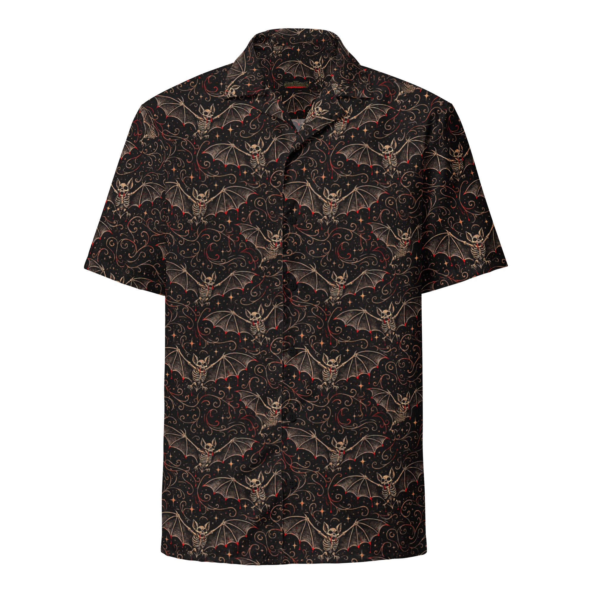 Nocturnal Requiem button-up shirt featuring an all-over vampire bat pattern inspired by gothic horror and the Children of the Night Collection.