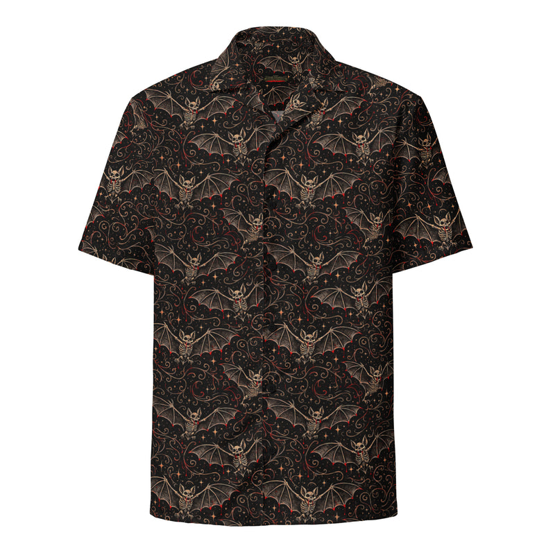 Nocturnal Requiem button-up shirt featuring an all-over vampire bat pattern inspired by gothic horror and the Children of the Night Collection.