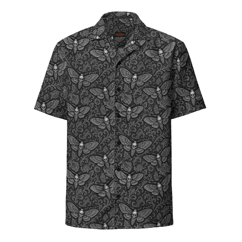 Soul's Messenger White button-up shirt featuring an all-over Death's-head hawkmoth pattern inspired by gothic horror and the Children of the Night Collection.