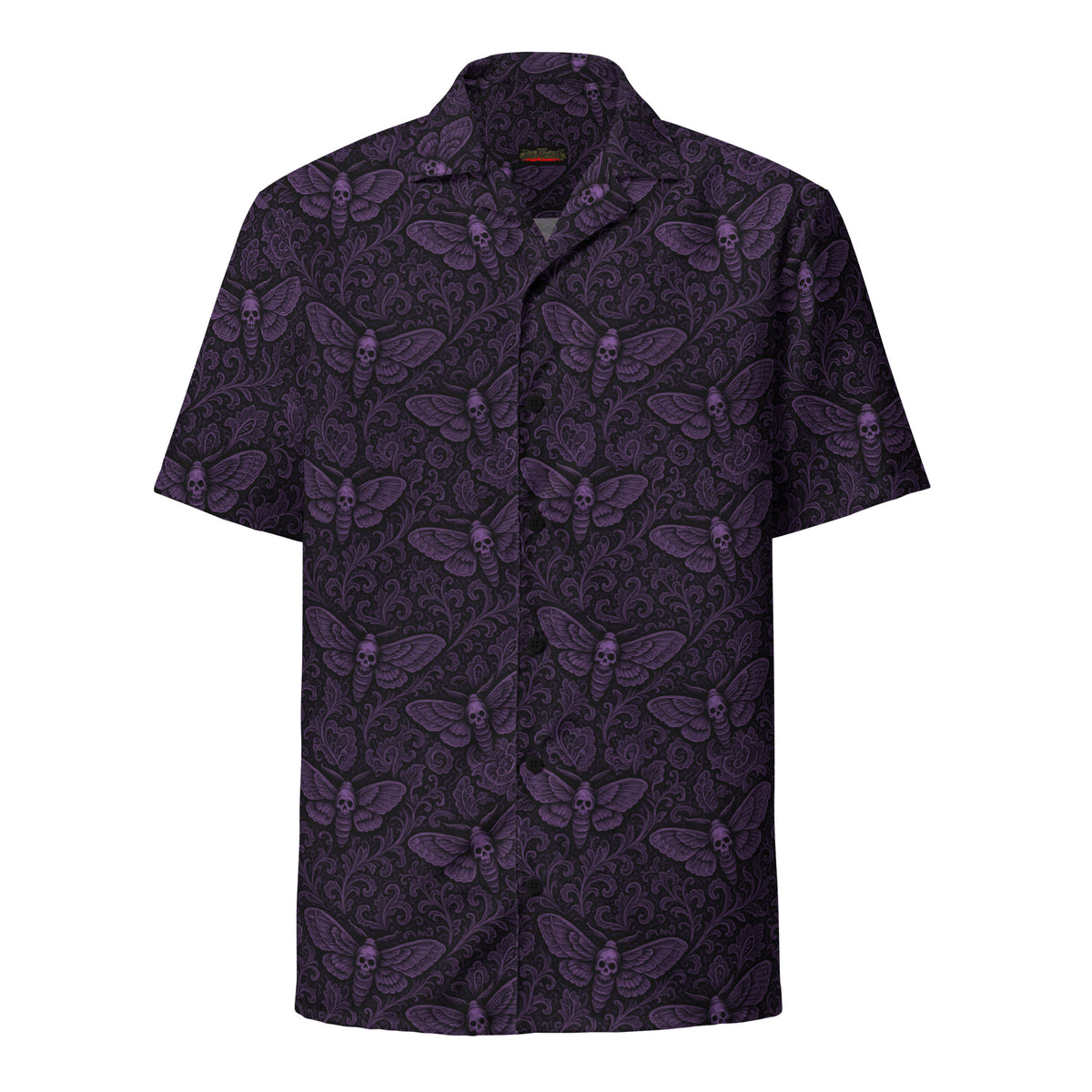Soul's Messenger Purple button-up shirt featuring an all-over Death's-head hawkmoth pattern inspired by gothic horror and the Children of the Night Collection.