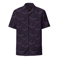 Soul's Messenger Purple button-up shirt featuring an all-over Death's-head hawkmoth pattern inspired by gothic horror and the Children of the Night Collection.