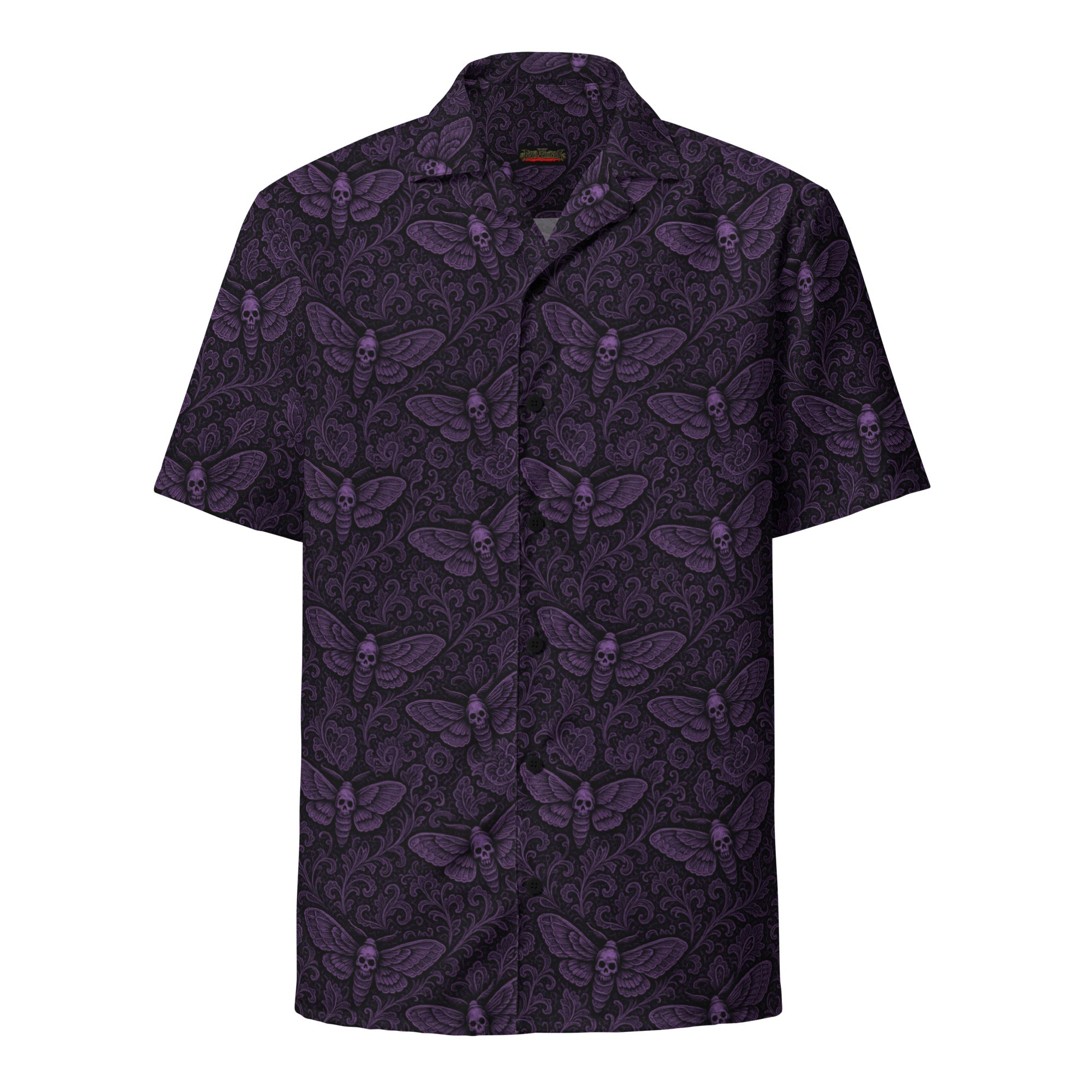 Soul's Messenger Purple button-up shirt featuring an all-over Death's-head hawkmoth pattern inspired by gothic horror and the Children of the Night Collection.
