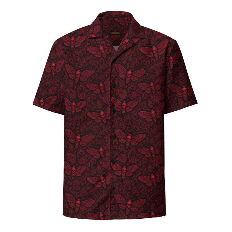 Soul's Messenger Red button-up shirt featuring an all-over Death's-head hawkmoth pattern inspired by gothic horror and the Children of the Night Collection.
