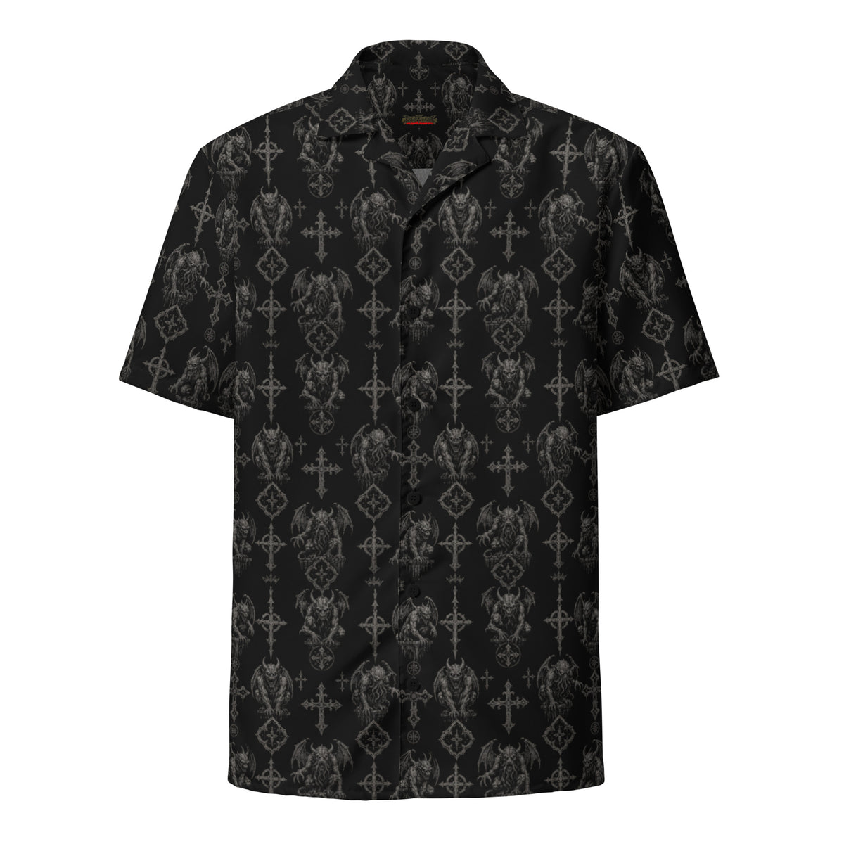 Wardens of Stone button-up shirt featuring an all-over pattern of gargoyles, ancient crosses, and gothic cathedral-inspired artwork from the Demonology Collection.