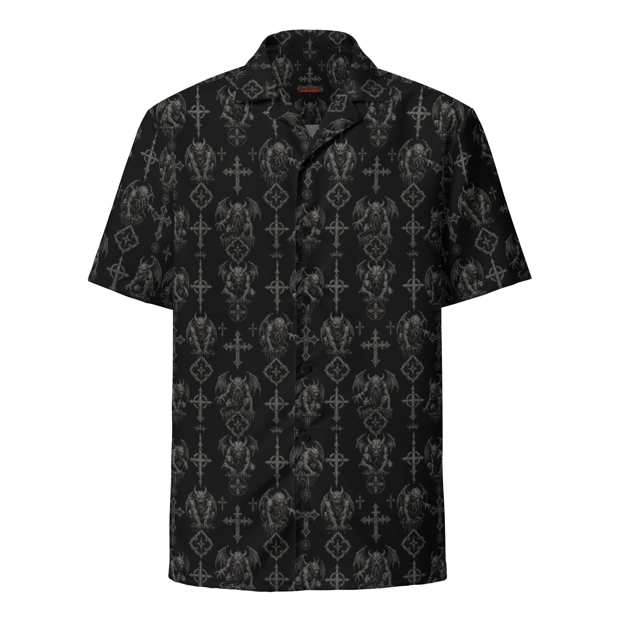 Wardens of Stone button-up shirt featuring an all-over pattern of gargoyles, ancient crosses, and gothic cathedral-inspired artwork from the Demonology Collection.