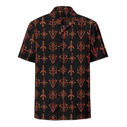 Infernal Invocation button-up shirt featuring an all-over pattern of fiery occult symbols inspired by ritual magic and the Demonology Collection.