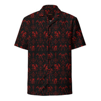 The Fifth Circle Red button-up shirt featuring winged demons and occult ritual symbols inspired by demonology and infernal mythology.