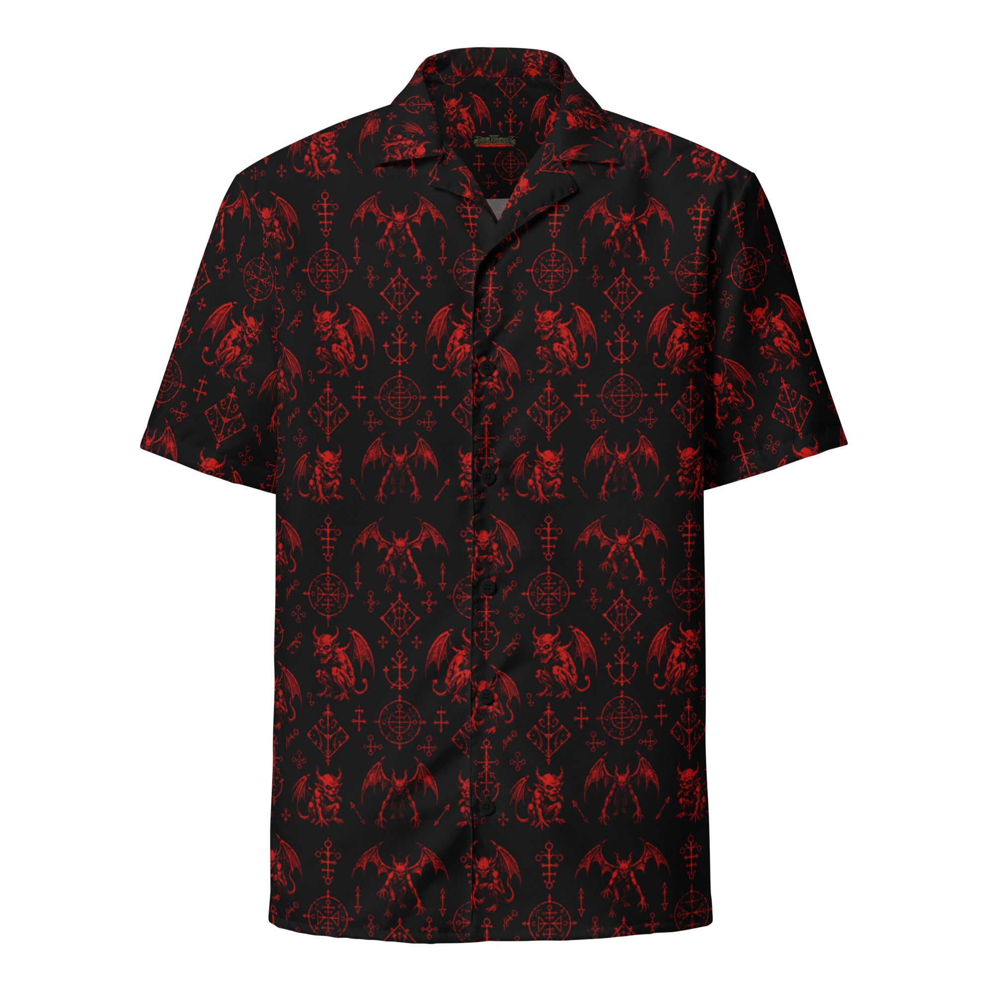 The Fifth Circle Red button-up shirt featuring winged demons and occult ritual symbols inspired by demonology and infernal mythology.