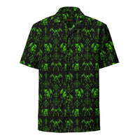 The Fifth Circle Red button-up shirt featuring winged demons and occult ritual symbols inspired by demonology and infernal mythology.