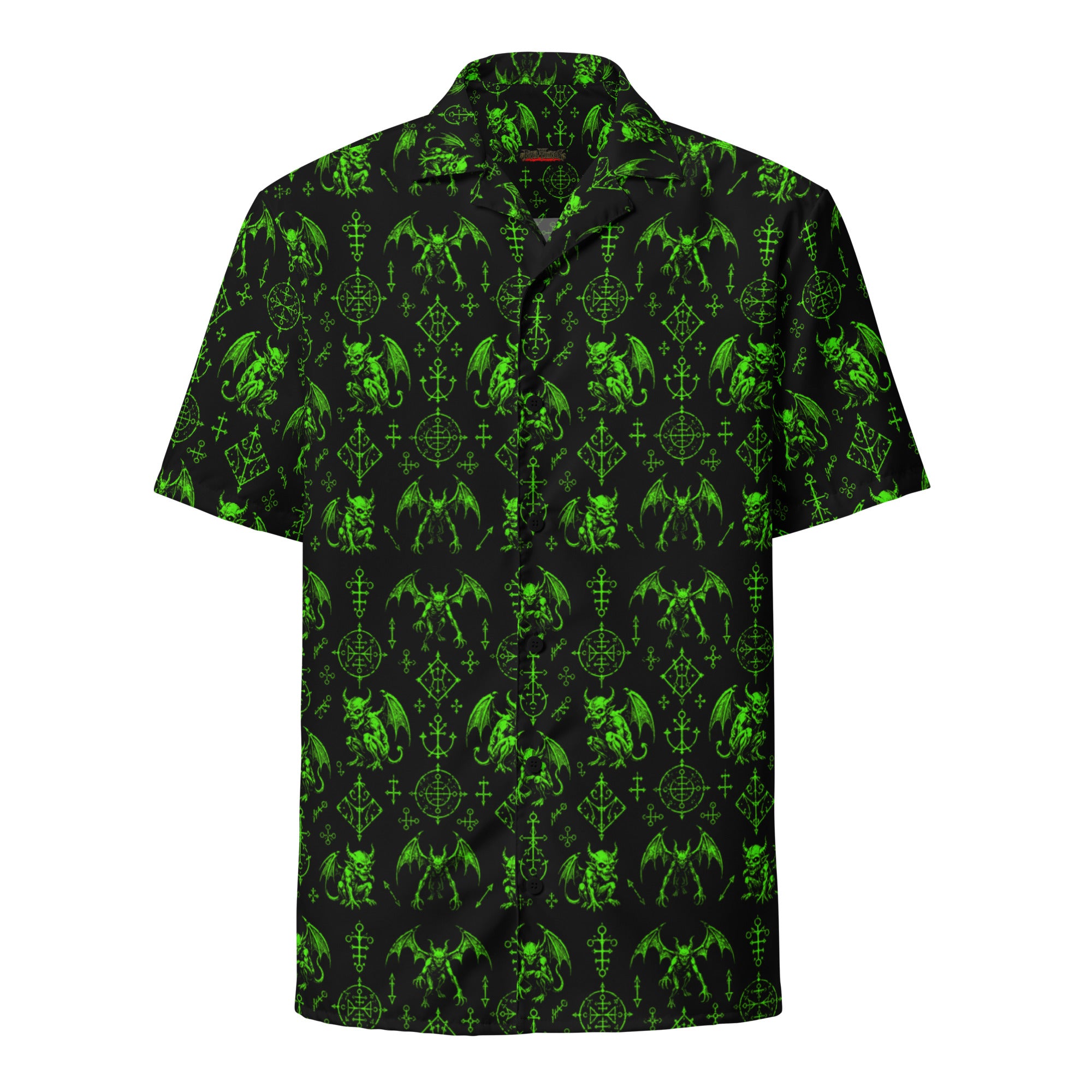 The Fifth Circle Red button-up shirt featuring winged demons and occult ritual symbols inspired by demonology and infernal mythology.