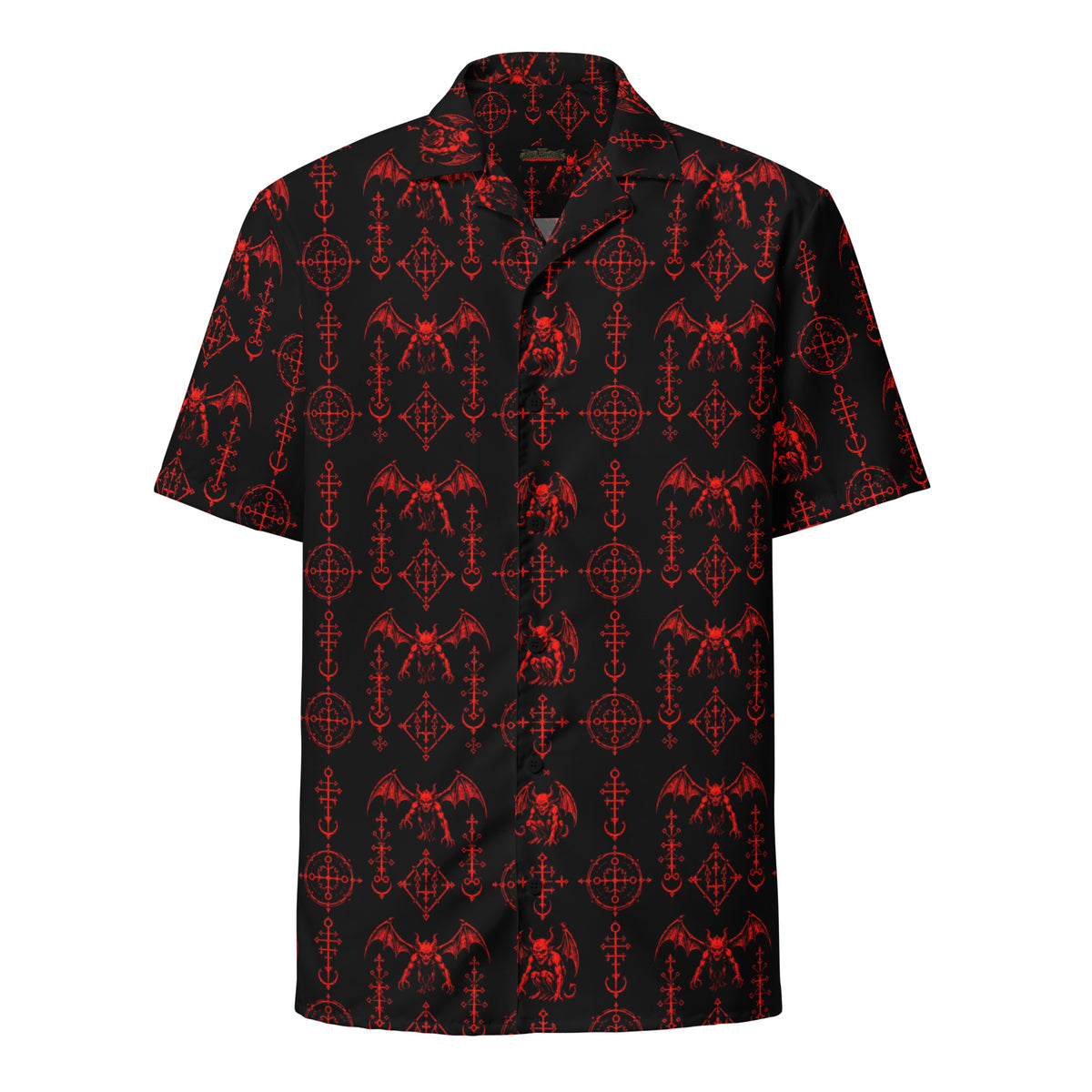 The Sixth Circle Red button-up shirt featuring winged demons and occult ritual symbols inspired by demonology and infernal mythology.