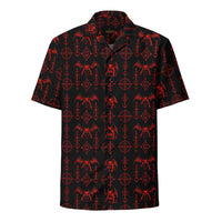 The Sixth Circle Red button-up shirt featuring winged demons and occult ritual symbols inspired by demonology and infernal mythology.