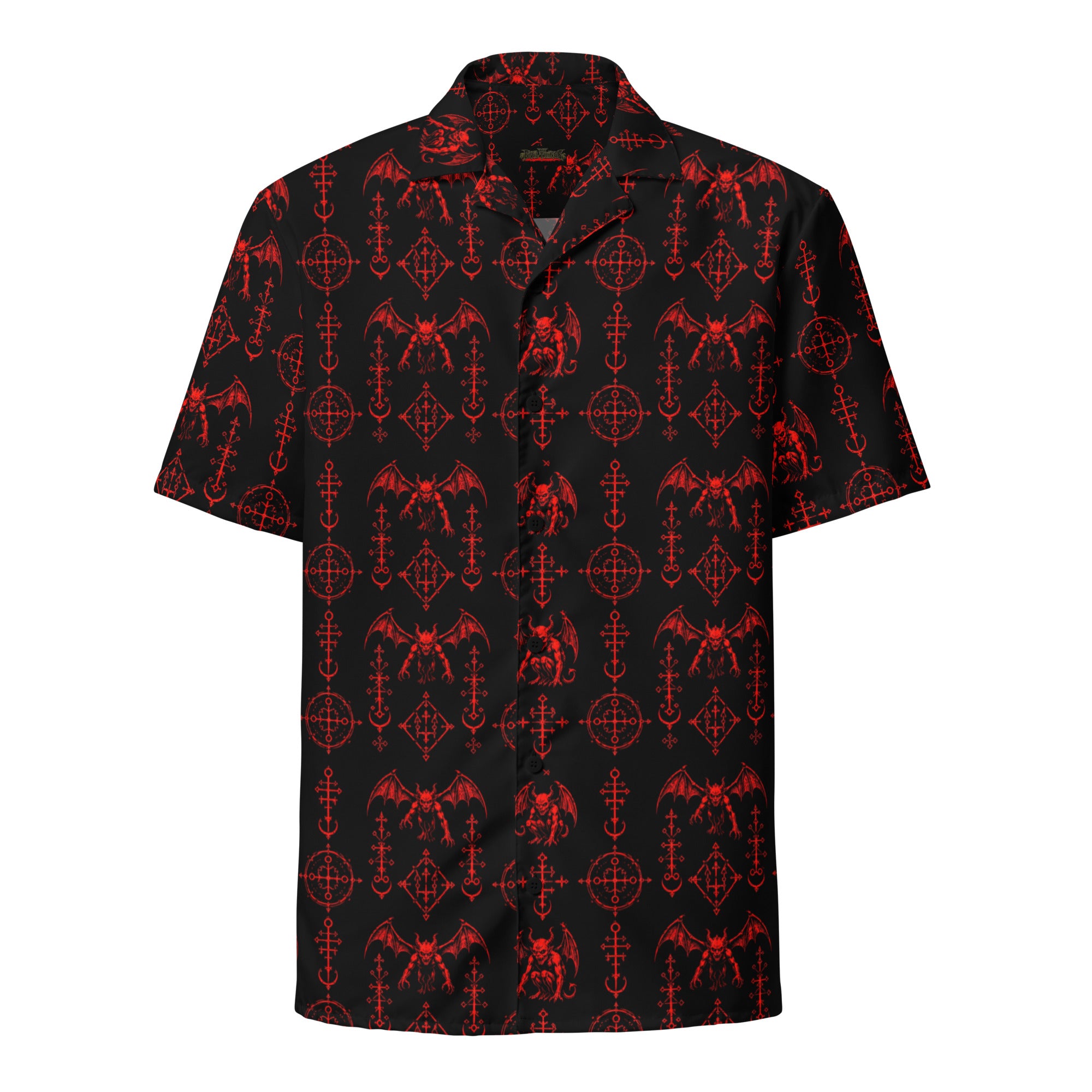 The Sixth Circle Red button-up shirt featuring winged demons and occult ritual symbols inspired by demonology and infernal mythology.